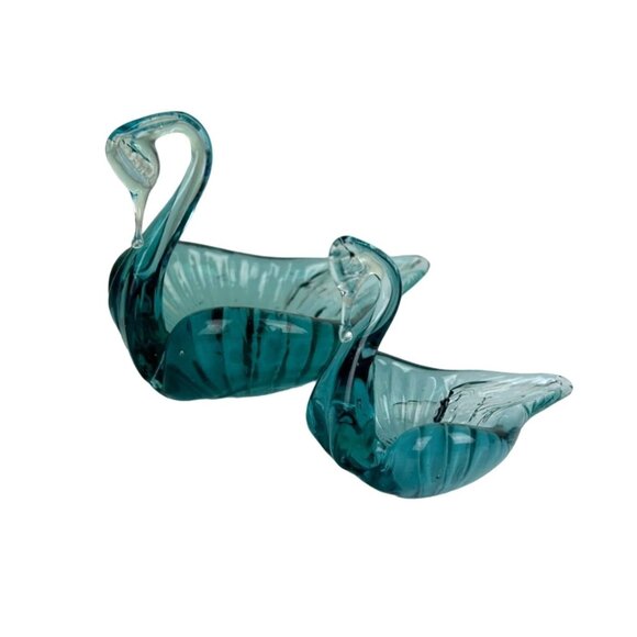 Source Unknown Other - Vintage Green Blue Glass Art Swan Set, Large & Small, Home Decor Gift